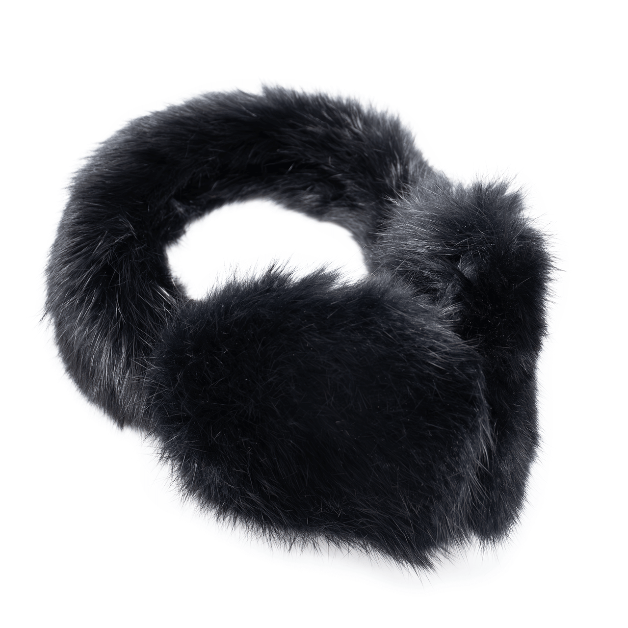 Black long haired rabbit fur earmuffs with a fuzzy band