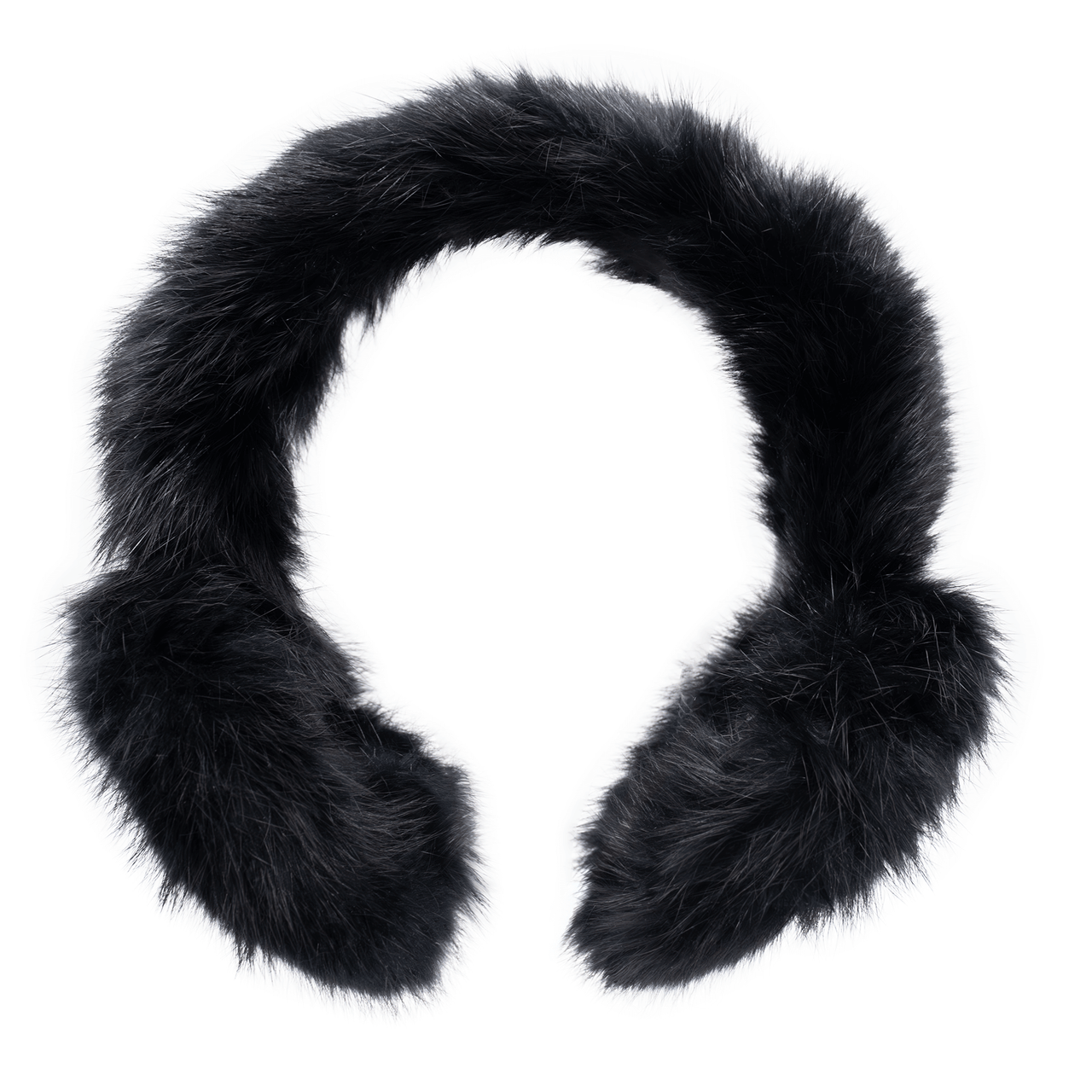 Black long haired rabbit fur earmuffs with a fuzzy band