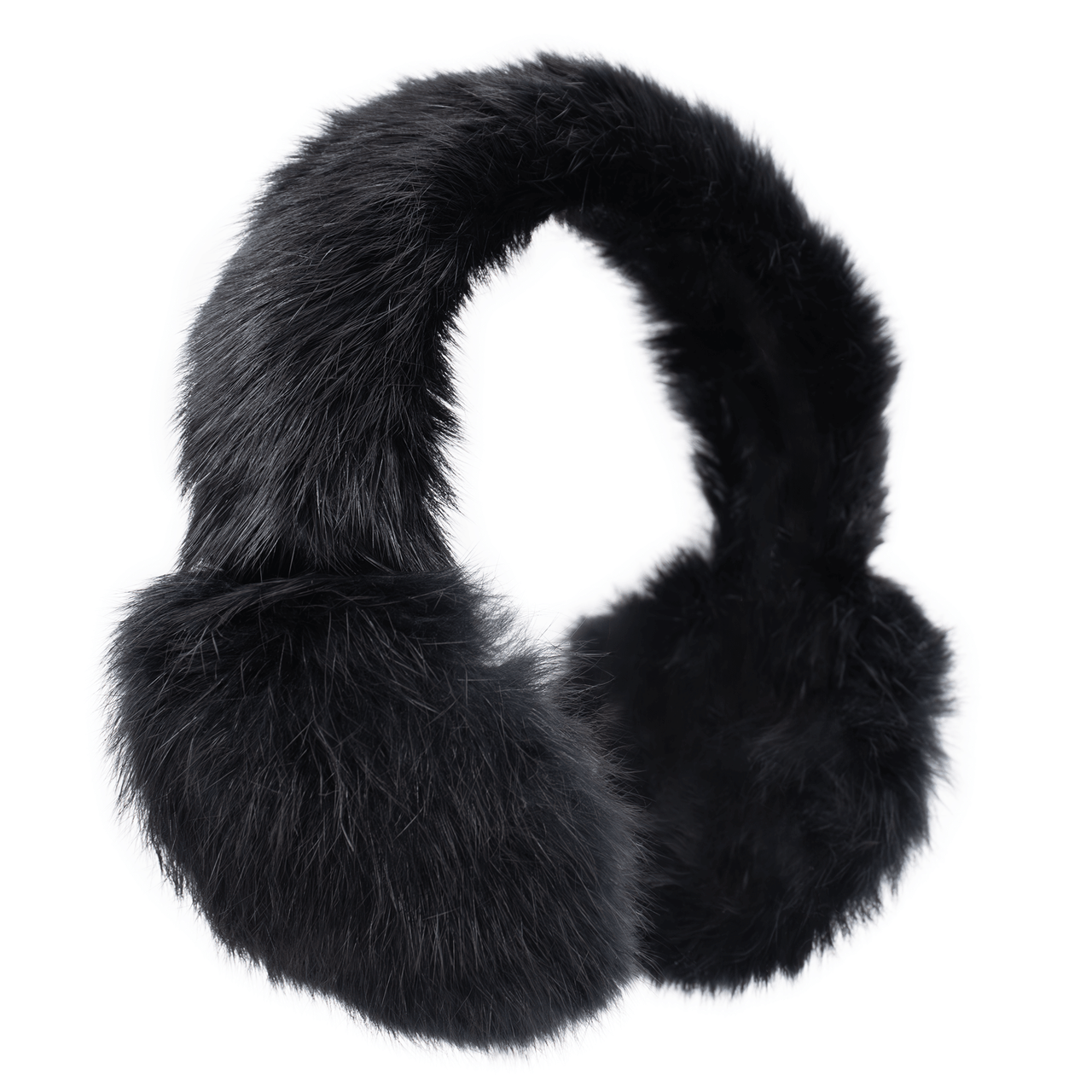 Black long haired rabbit fur earmuffs with a fuzzy band