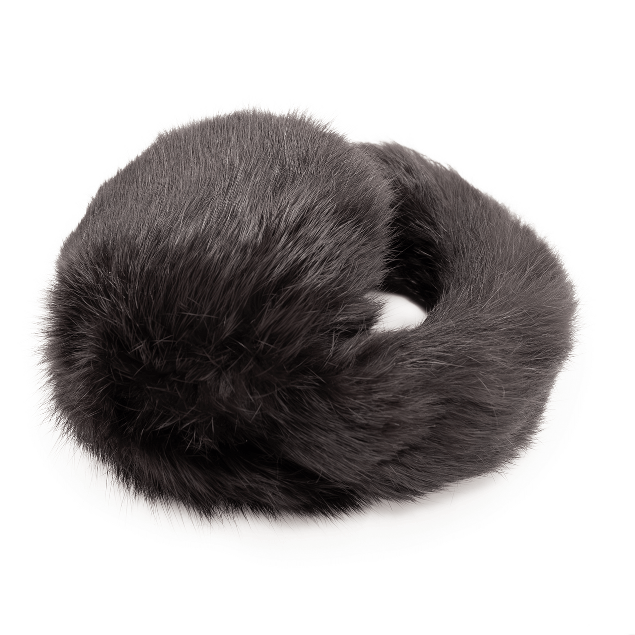 Dark brown long haired rabbit fur earmuffs folded up
