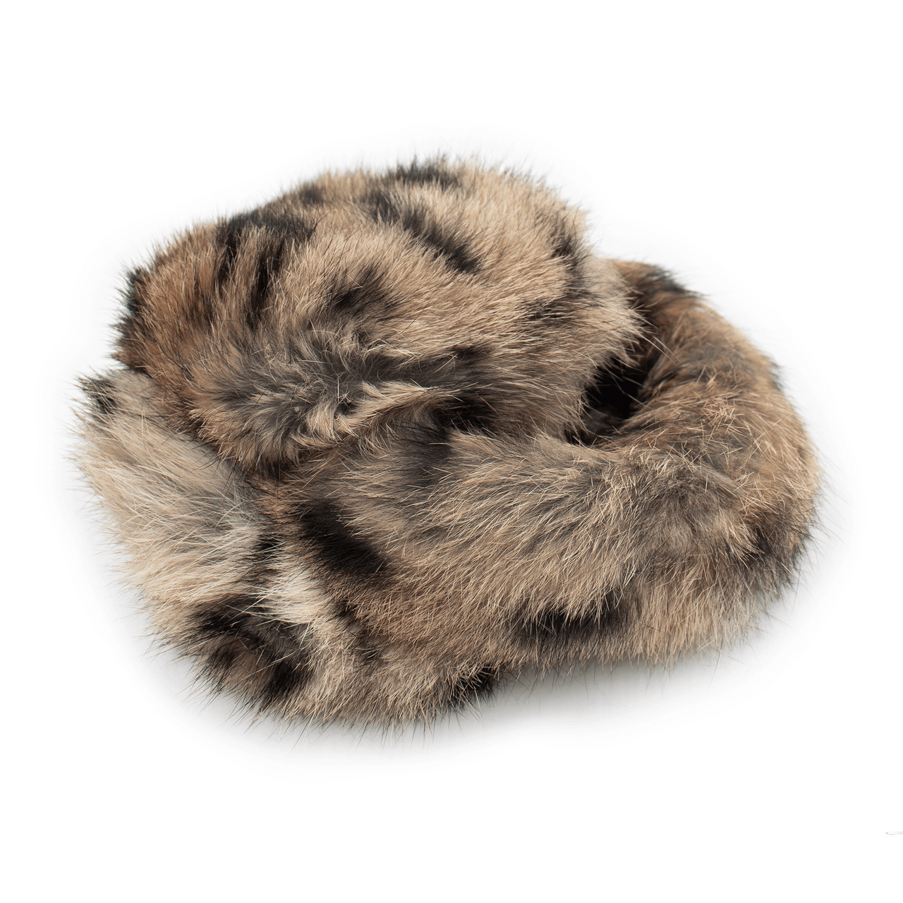 Folded up leopard print long haired rabbit fur earmuffs
