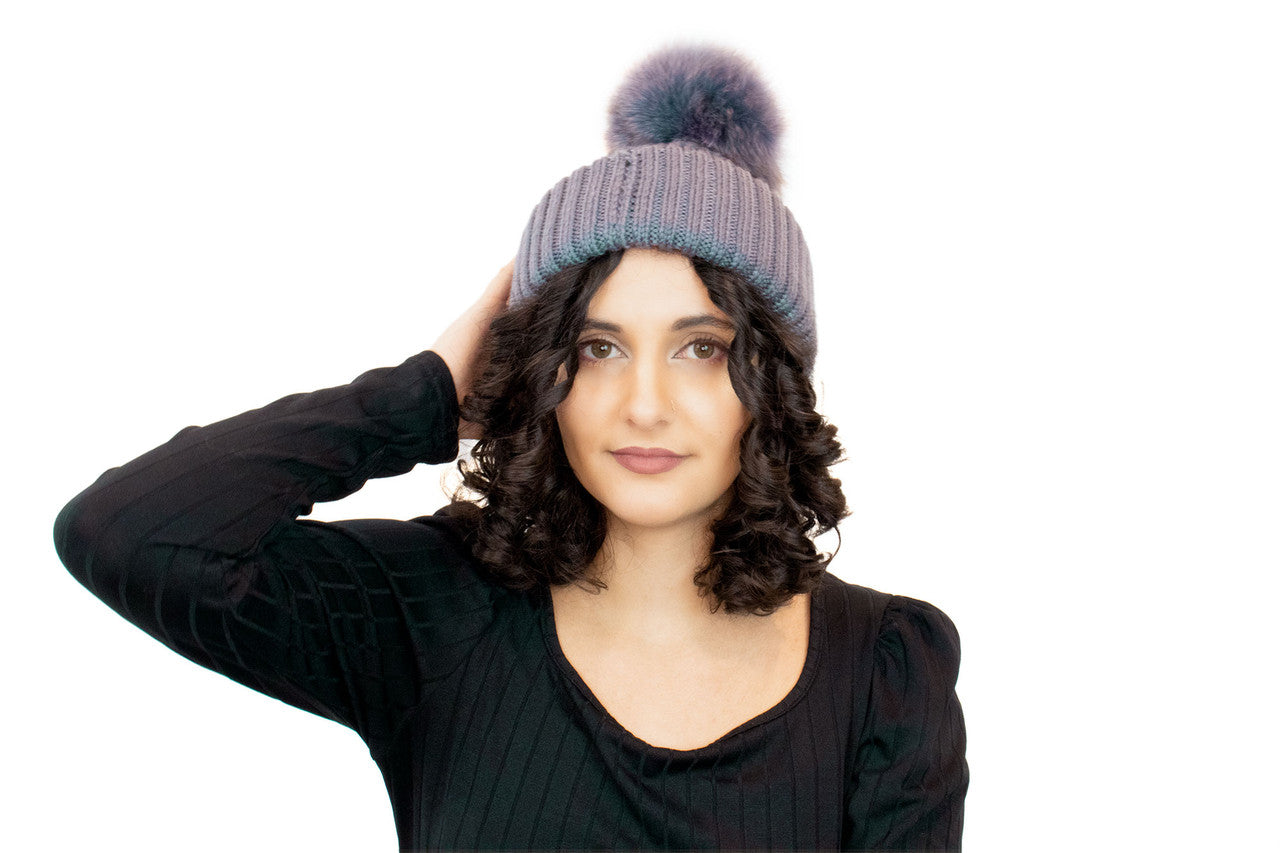 Knit Hat with Detachable Fox Fur Pom