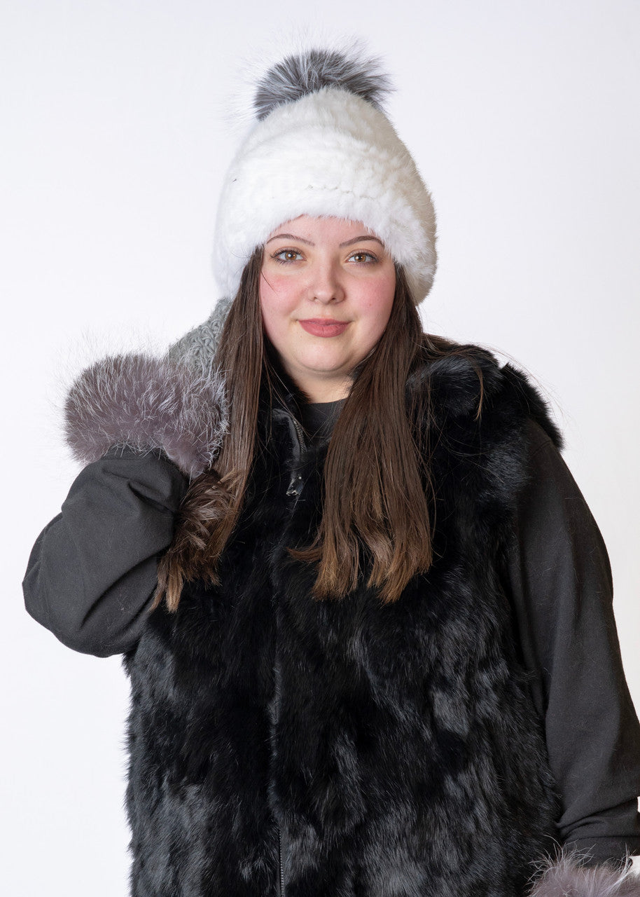 Mink Fur Knit Hat with Fox Pom