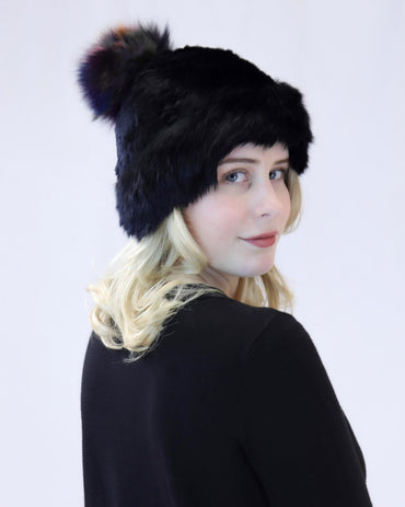 Rabbit Beanie with Fox Fur Pom