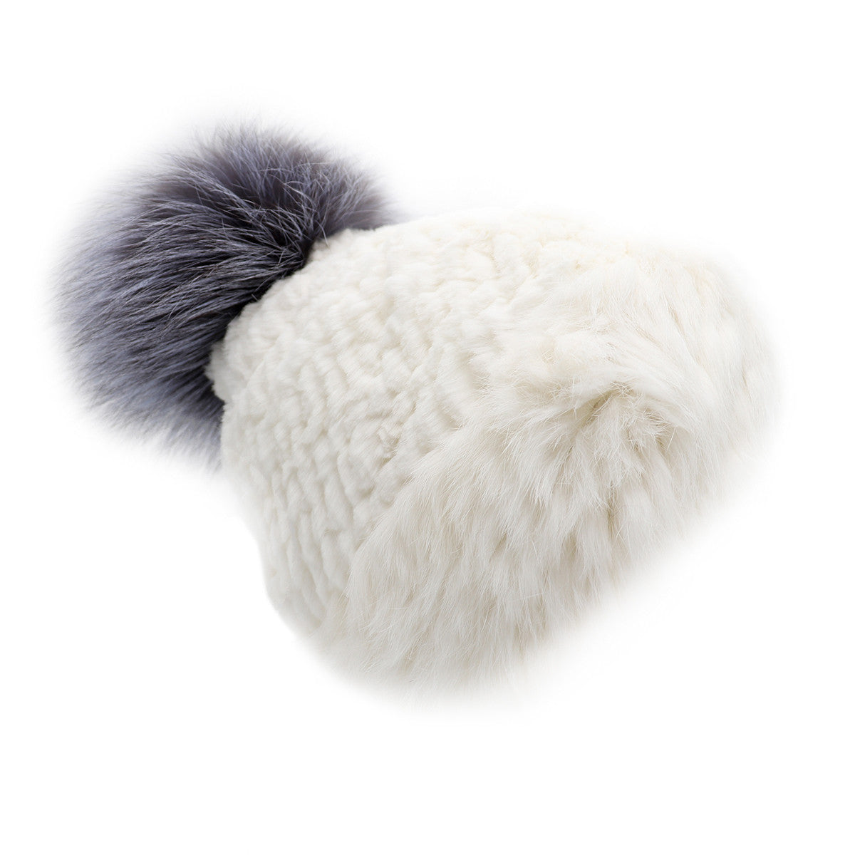 White Rabbit Fur Beanie with Fox Fur Pom