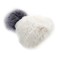 White Rabbit Fur Beanie with Fox Fur Pom