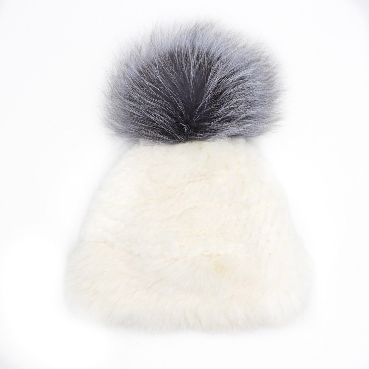 White Rabbit Fur Beanie with Fox Fur Pom