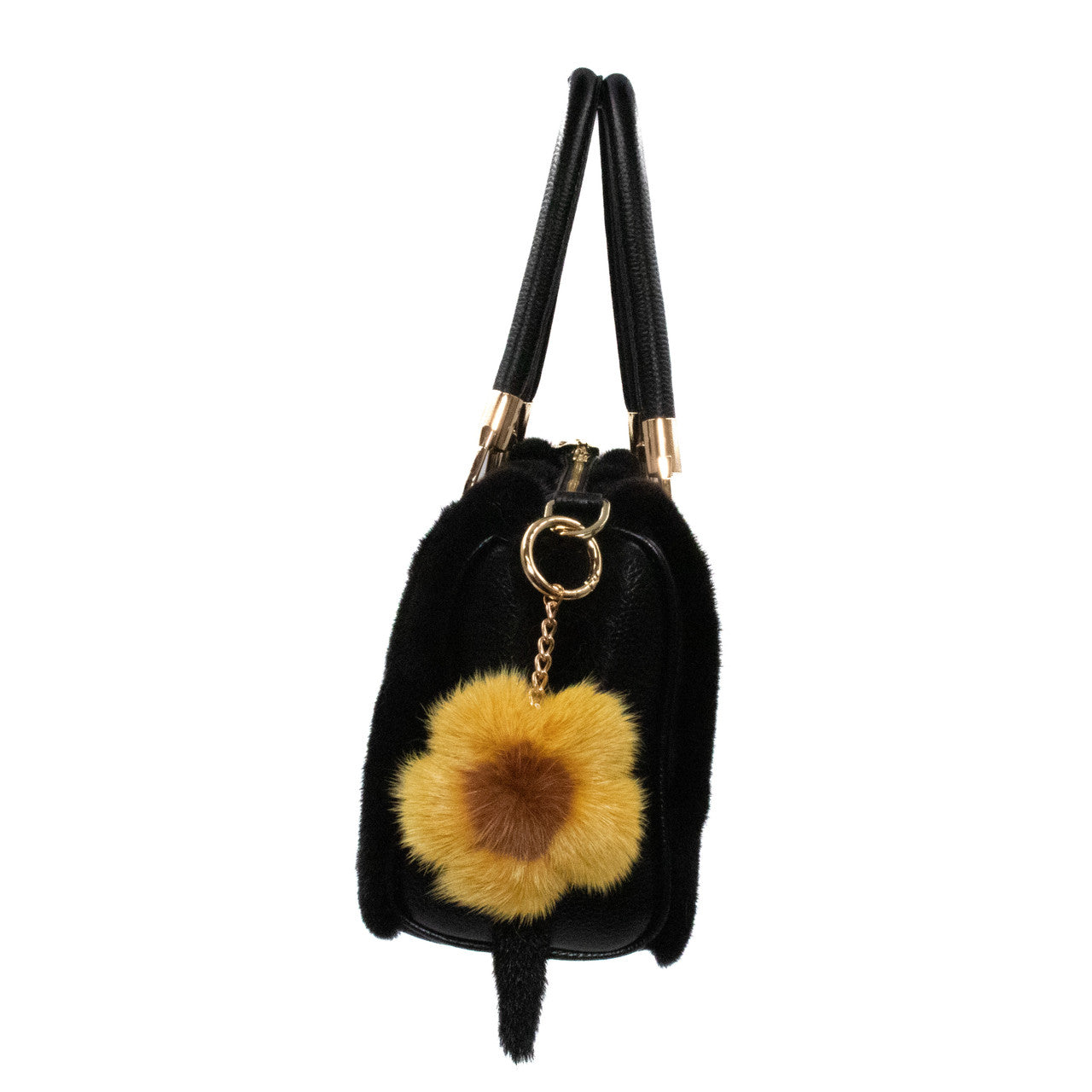 Large Mink Fur Flower Keychain Yellow and Brown