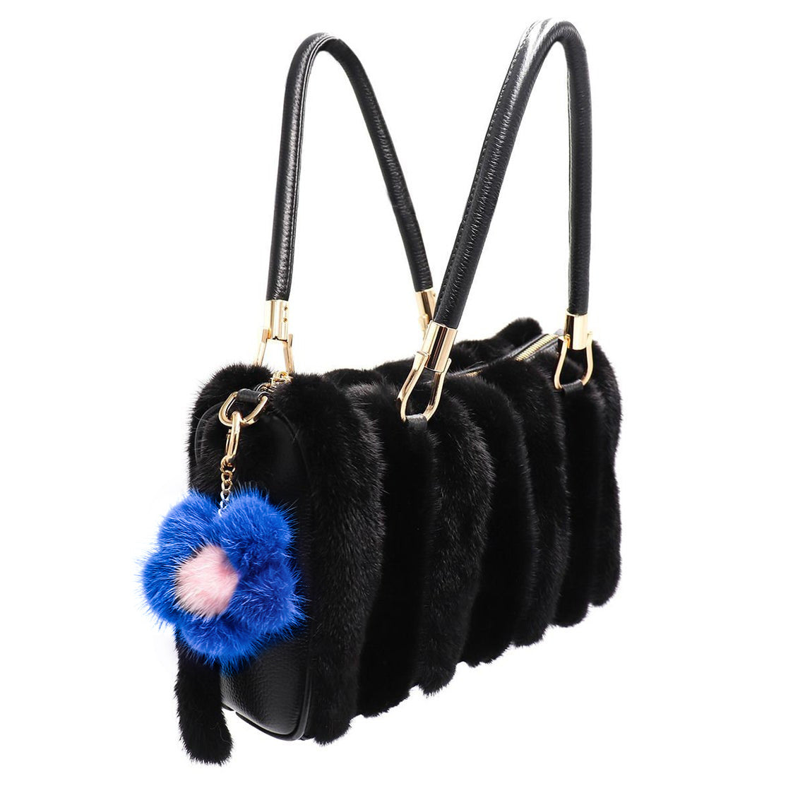 Small Mink Flower Keychain Blue and Pink