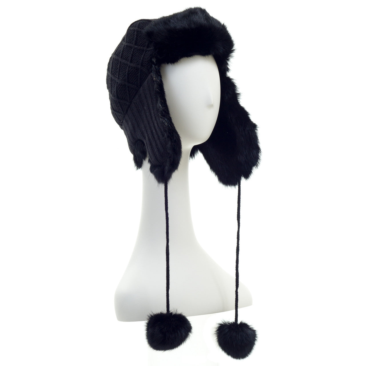 Rabbit Fur Knit Trooper with Pom Black