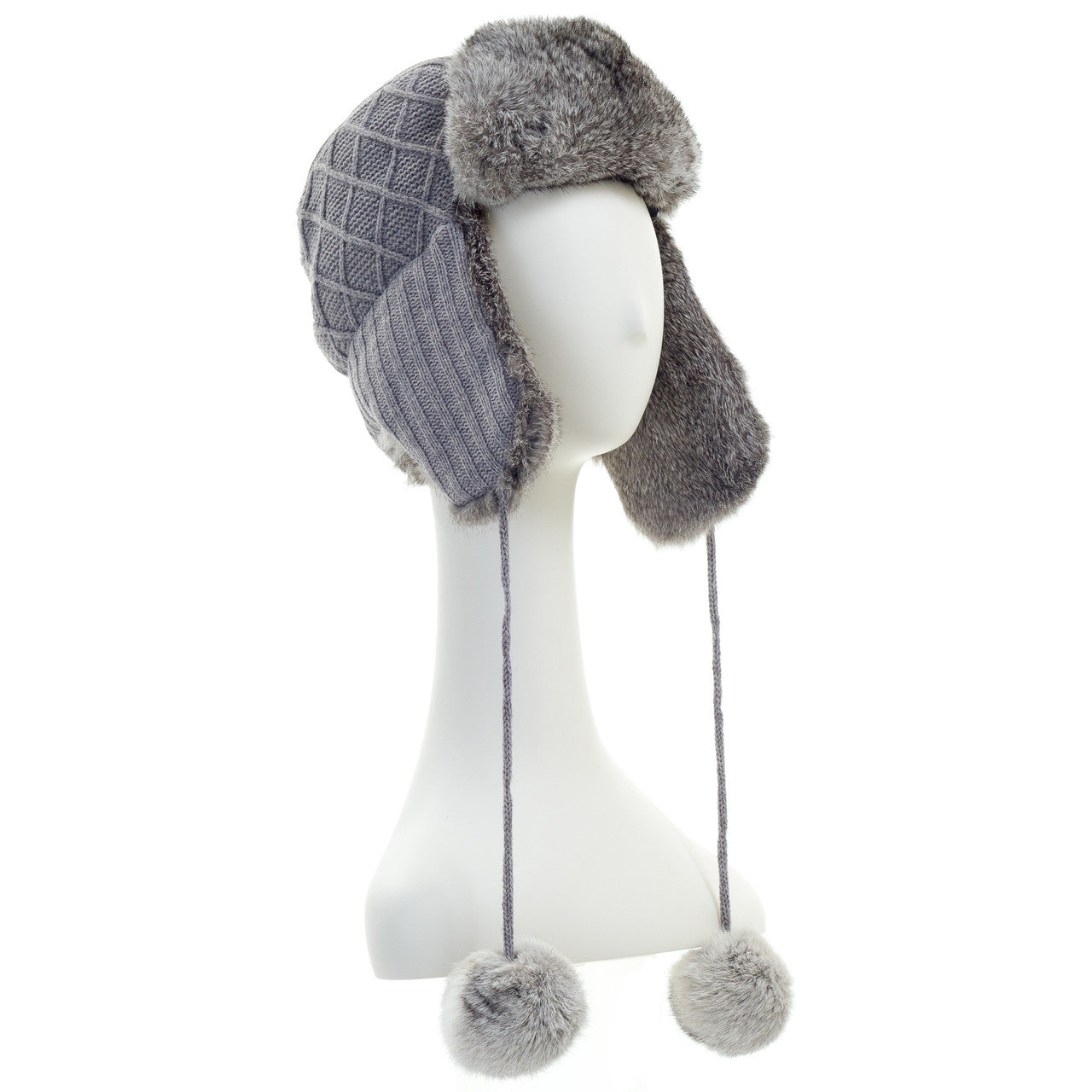 Rabbit Fur Knit Trooper with Pom Grey