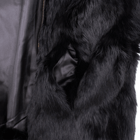 Close up of pocket on a black rabbit fur vest