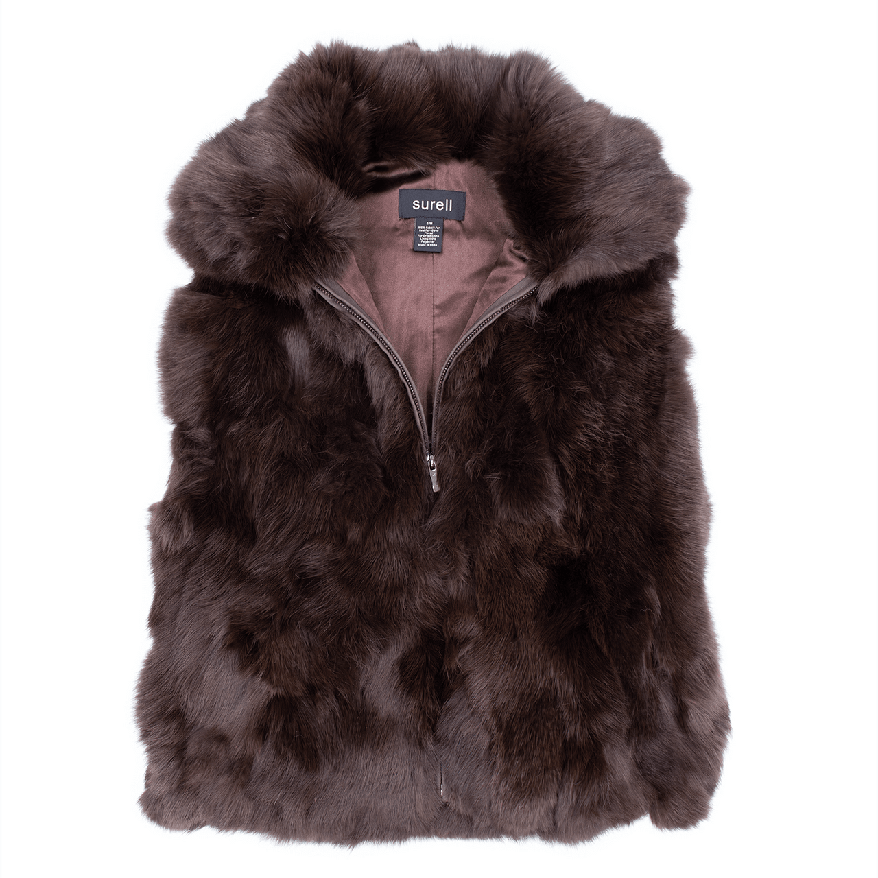 Brown rabbit fur vest unzipped halfway