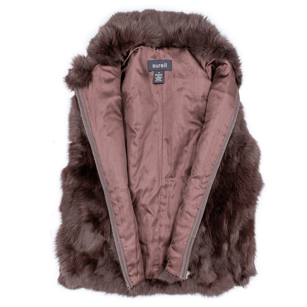 Brown rabbit fur vest unzipped with brown lining