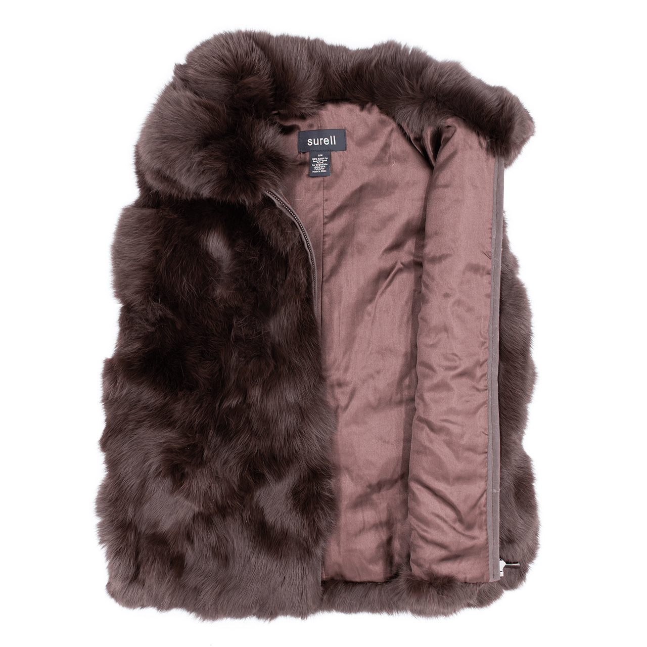 Brown rabbit fur vest unzipped