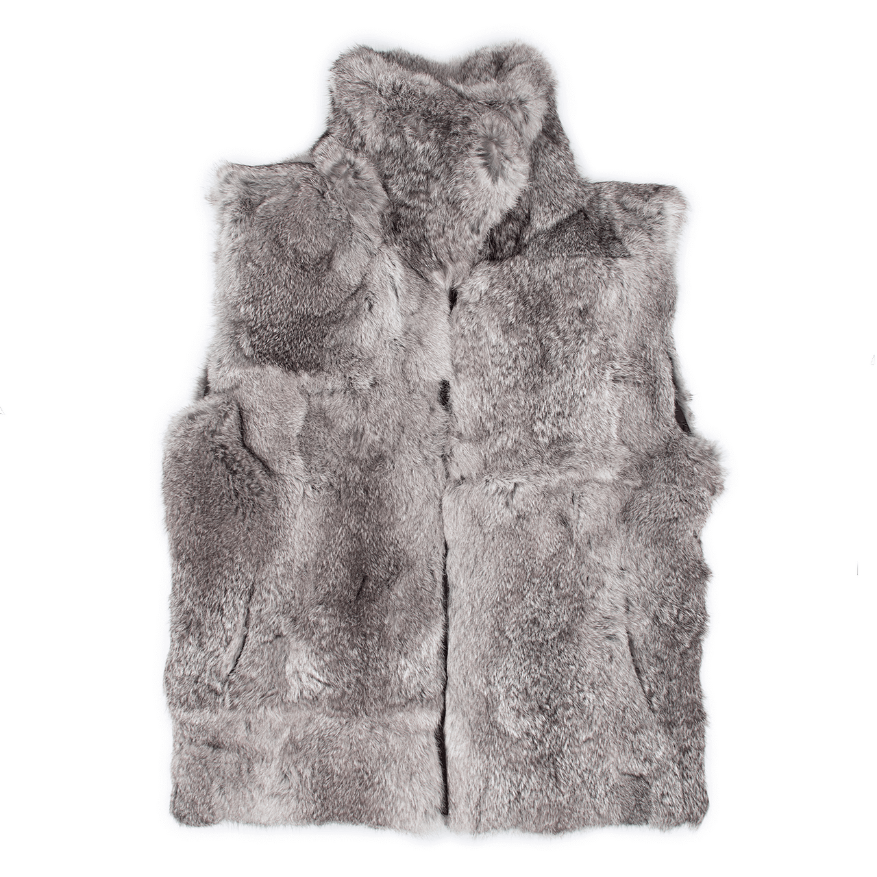 Gray rabbit fur vest zipped up all the way