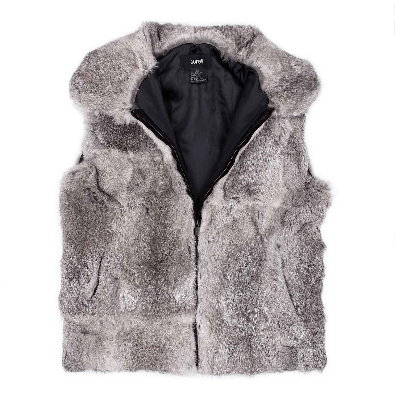 Gray rabbit fur vest unzipped halfway with a black lining