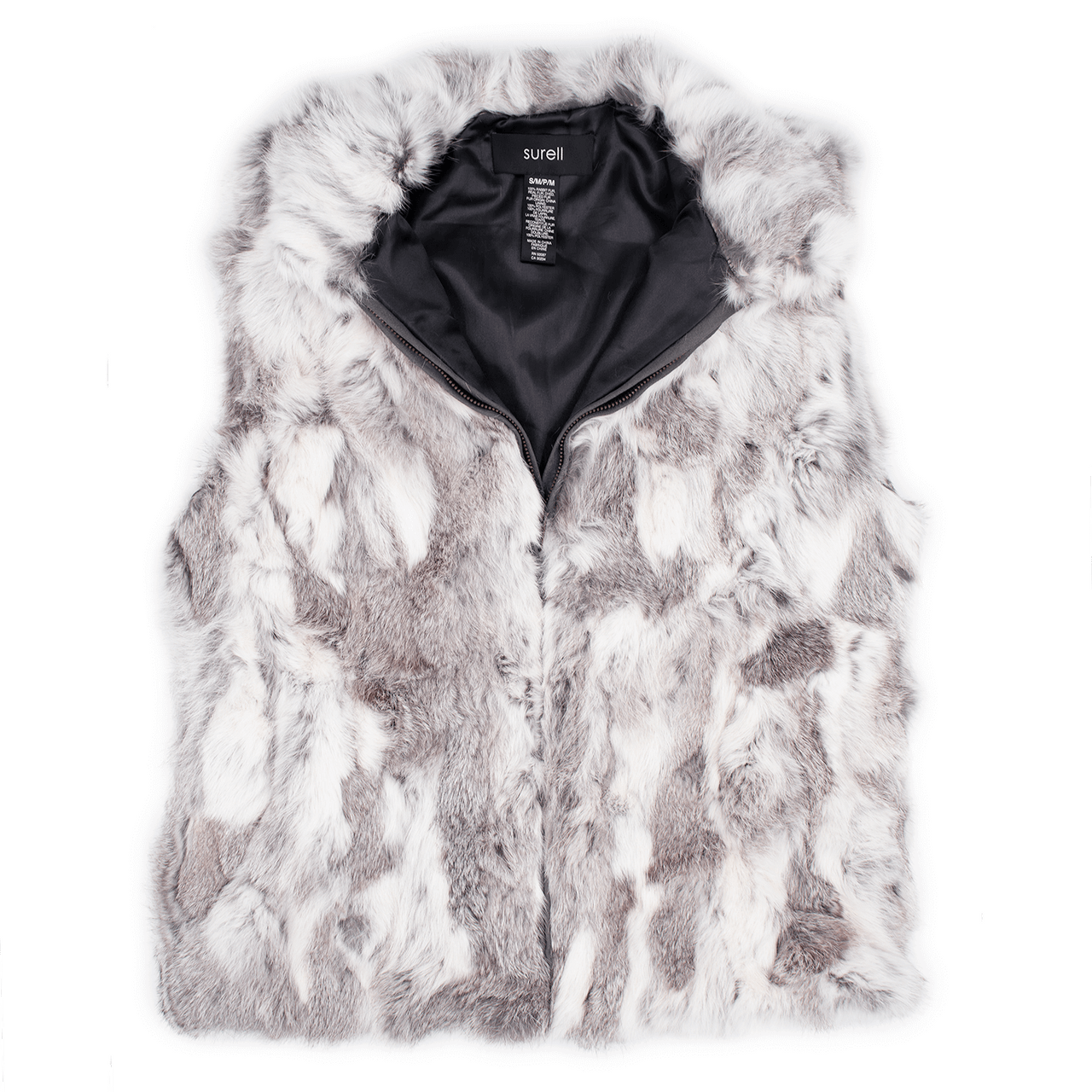 White and gray rabbit fur vest unzipped halfway