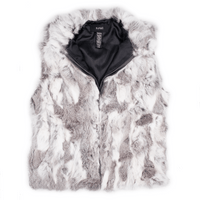 White and gray rabbit fur vest unzipped halfway
