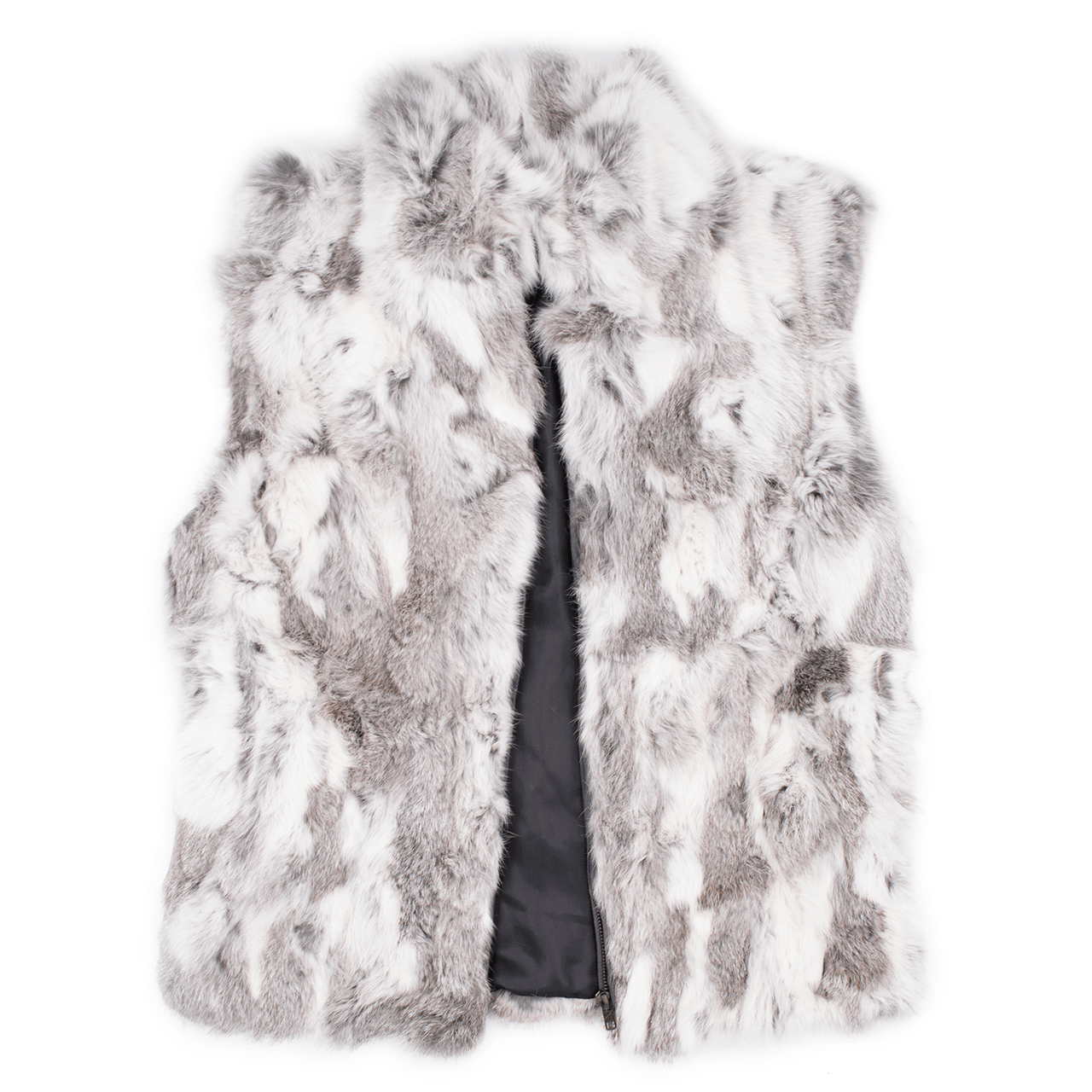 White and gray rabbit fur vest unzipped