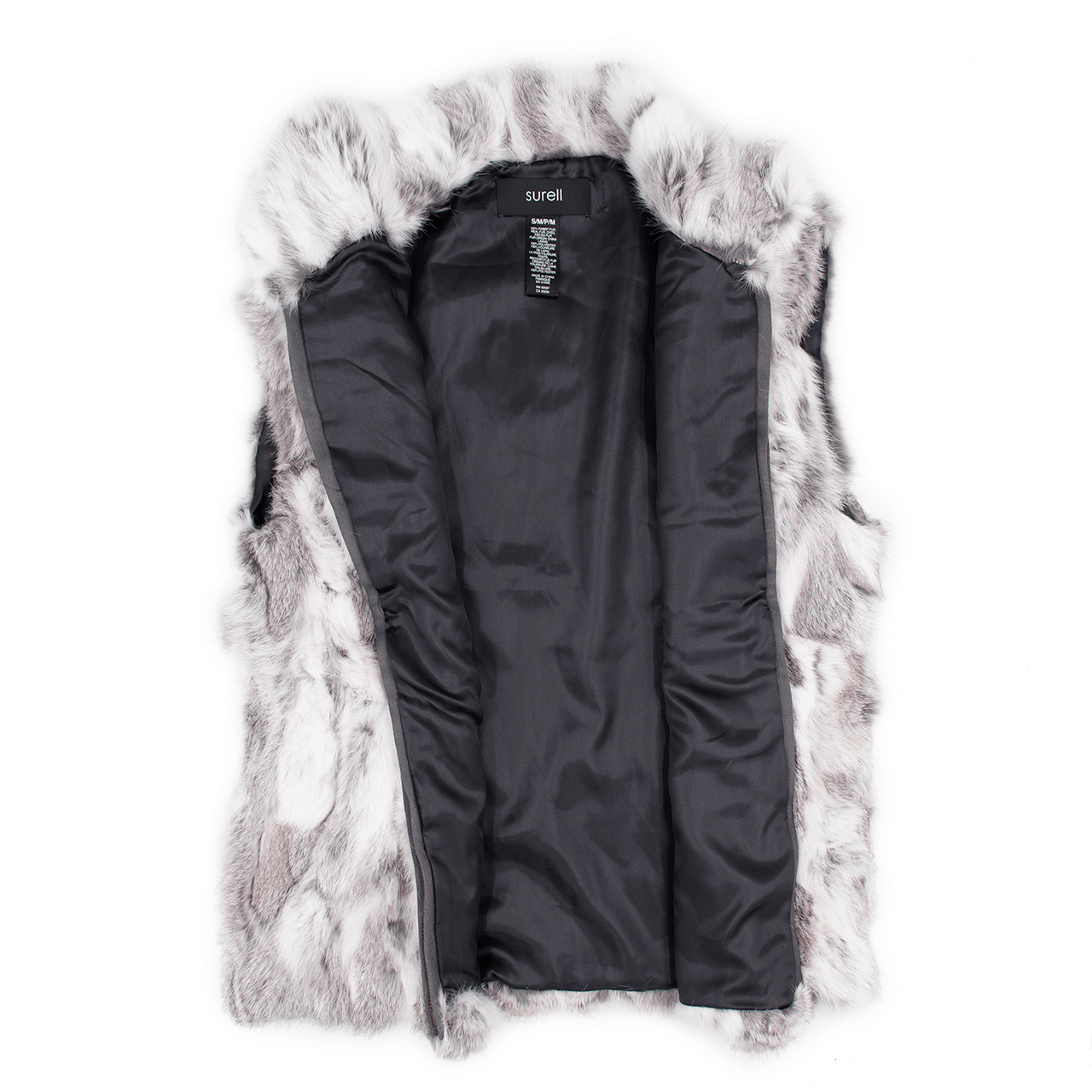 Unzipped white and gray rabbit fur vest with black lining
