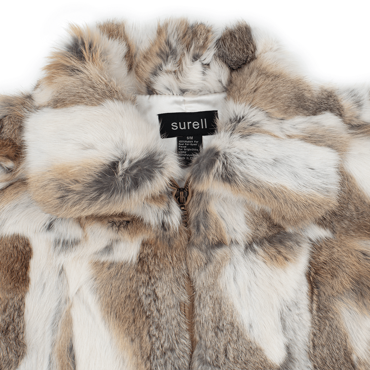 Collar of white and light brown rabbit fur vest