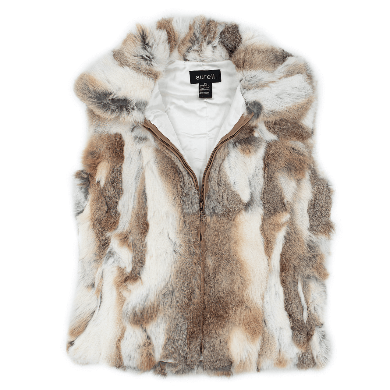 White and light brown rabbit fur vest unzipped halfway
