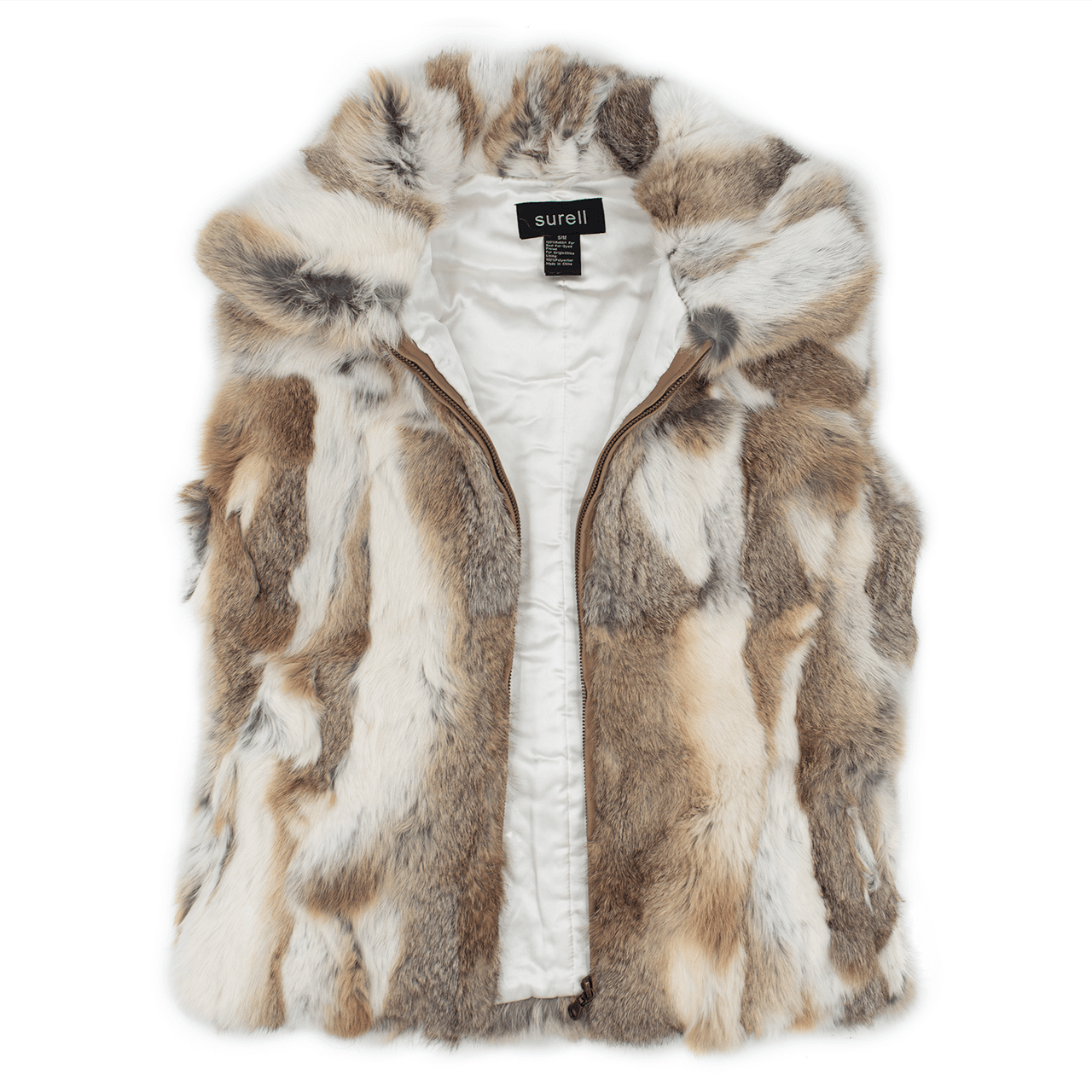 White and light brown rabbit fur vest unzipped
