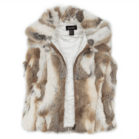 White and light brown rabbit fur vest unzipped