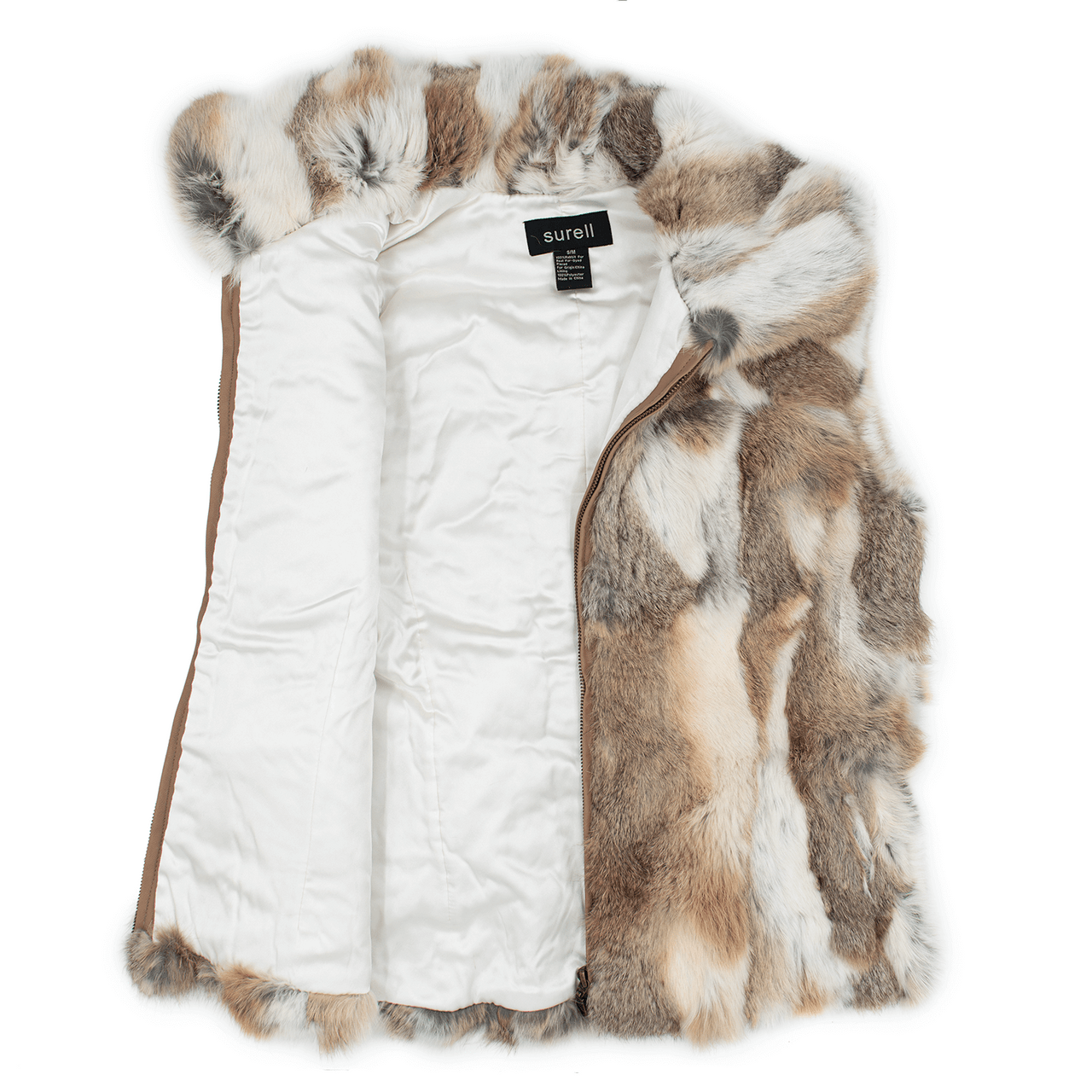 White and light brown rabbit fur vest unzipped with white lining