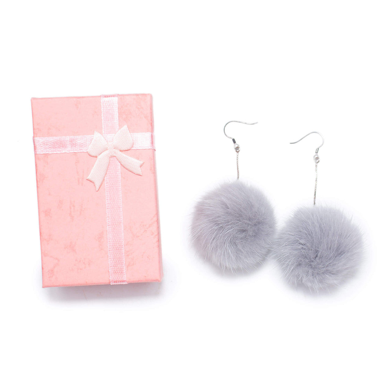 Grey mink pom dangle earrings with pink gift box