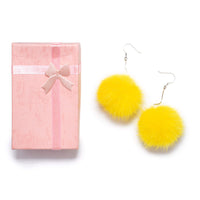 Yellow mink pom dangle earrings with pink gift box