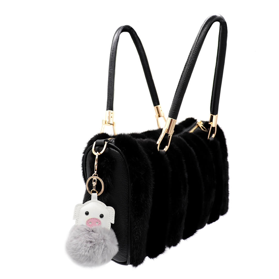 Rex Rabbit Fur pig keychain grey on bag