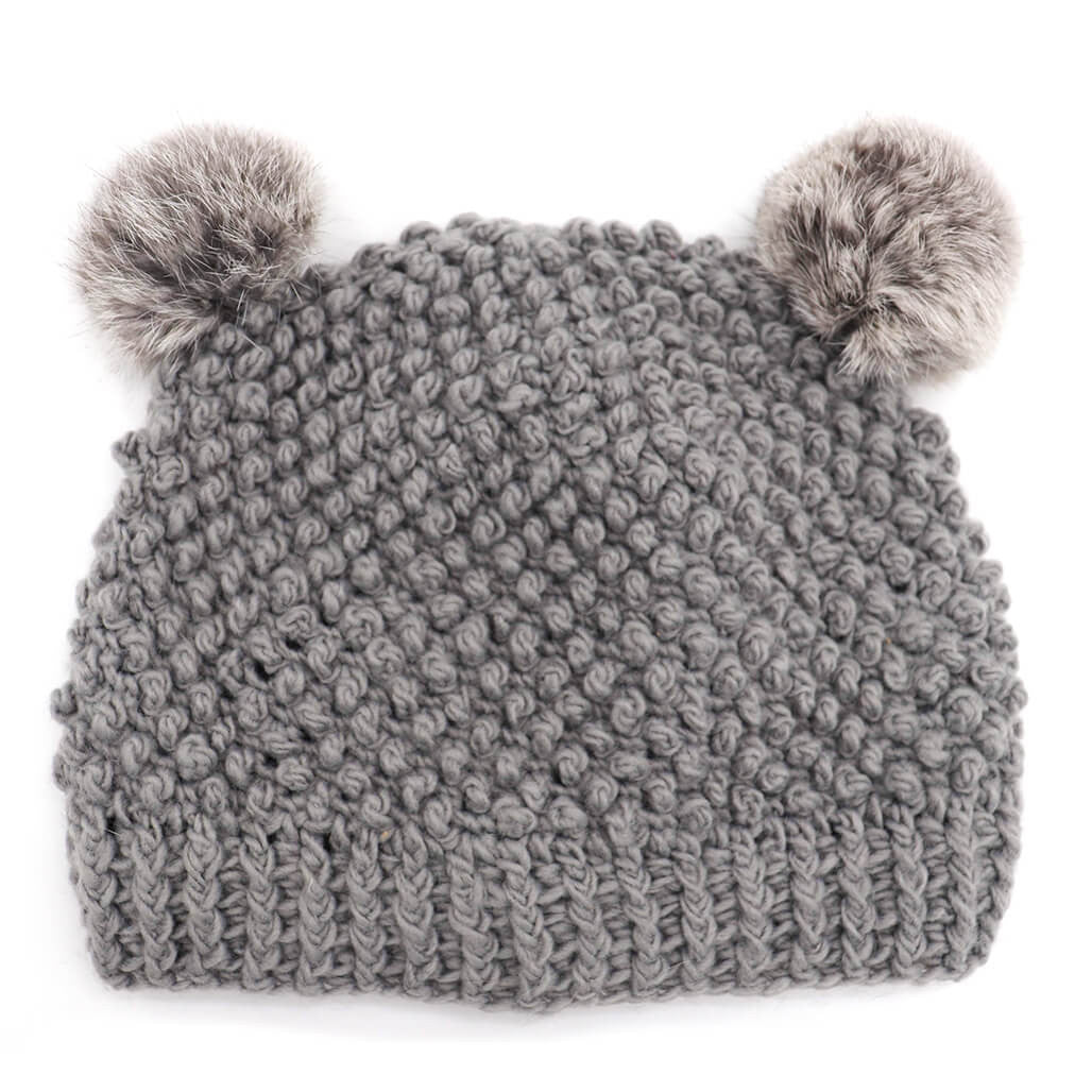 Children's Minnie Popcorn Stitch Beanie with Rabbit Poms Grey/Chin