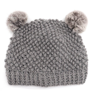 Children's Minnie Popcorn Stitch Beanie with Rabbit Poms Grey/Chin
