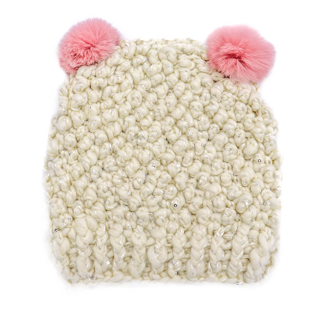 Children's Minnie Popcorn Stitch Beanie with Rabbit Poms Ivory Bling/Pink