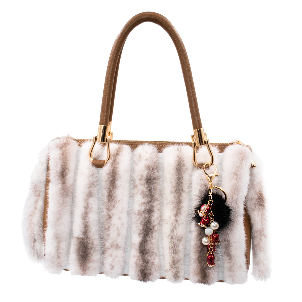 Hanging Flower Keychain with Black Mink Fur Pom 