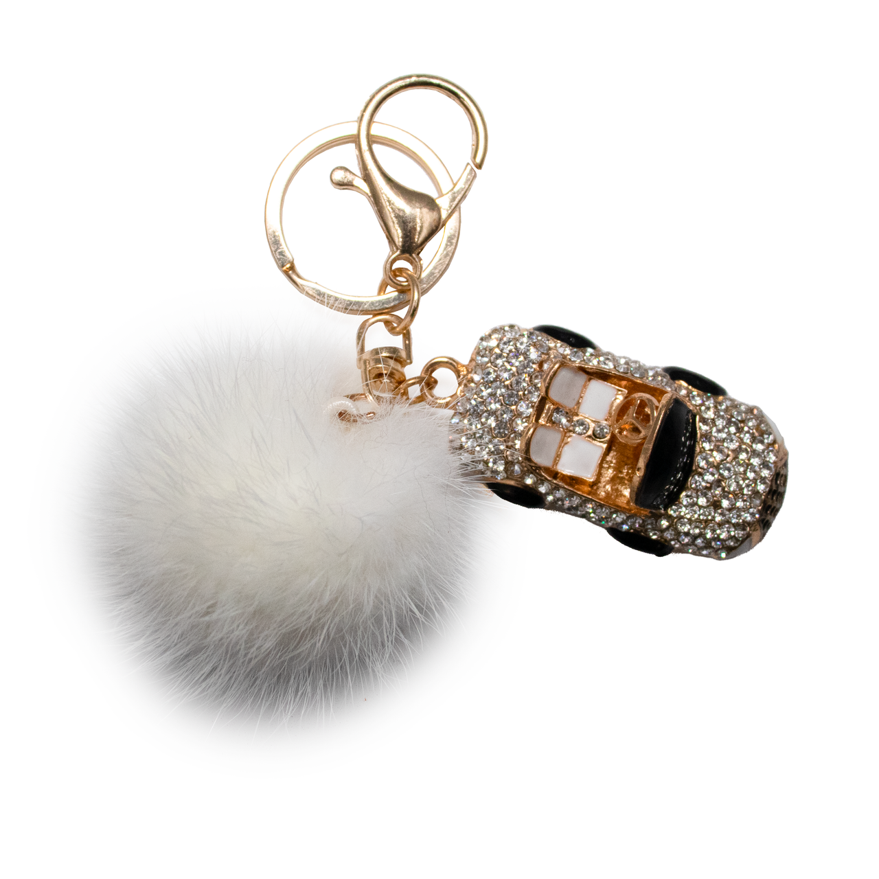 Bling Convertible Car Keychain with White Mink Fur Pom