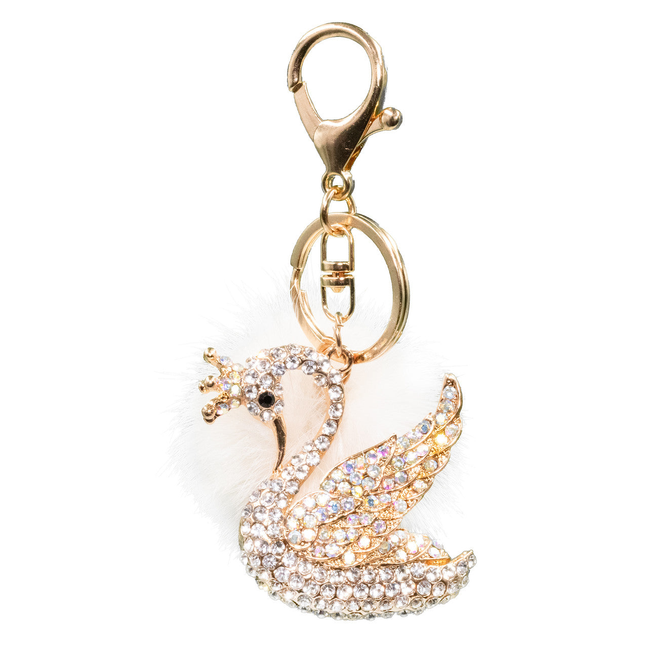 Bling Swan Keychain with White Mink Fur Pom