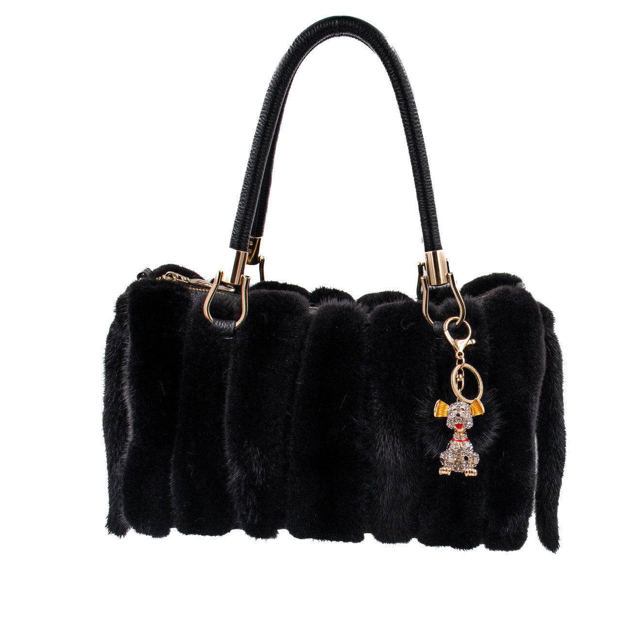 Mink Fur Bling Dog Keychain with Black Pom