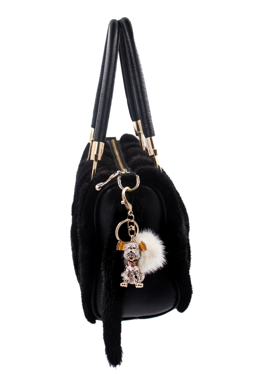 Mink Fur Bling Dog Keychain with White Pom