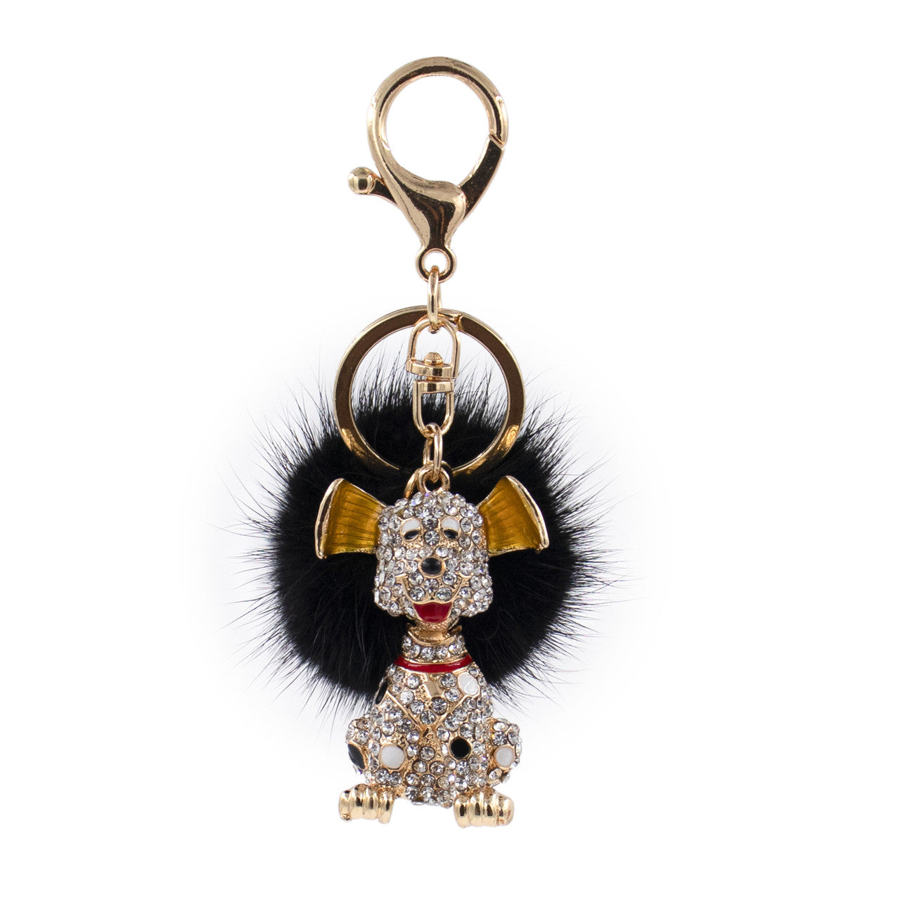 Mink Fur Bling Dog Keychain with Black Pom