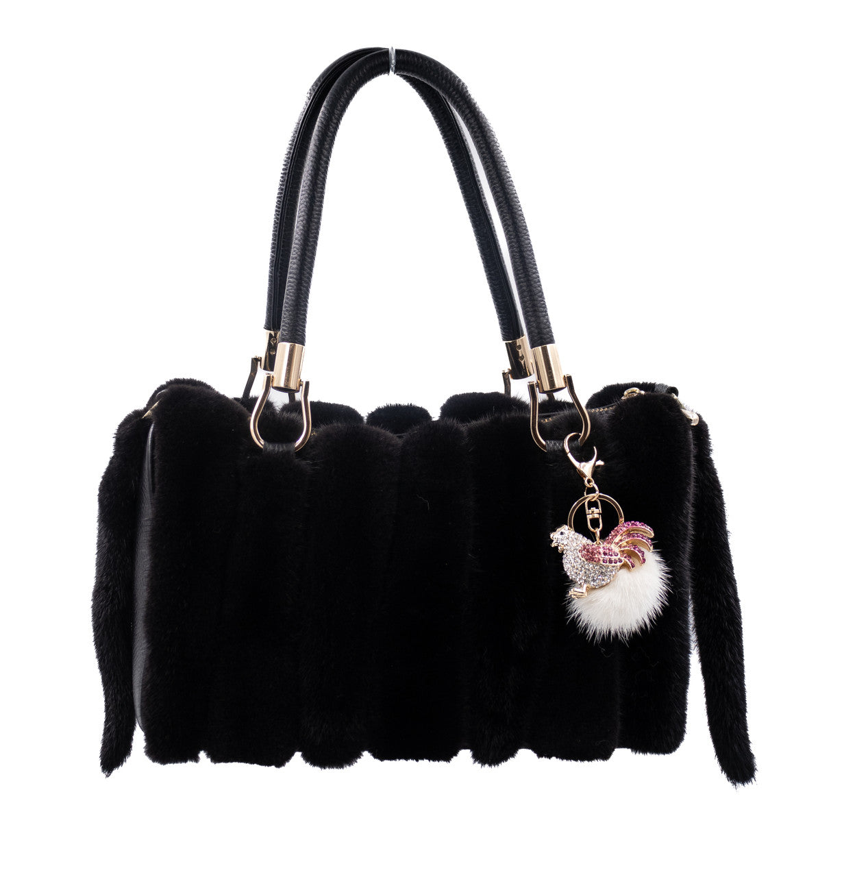 Mink Fur Bling Rooster Keychain with White Pom