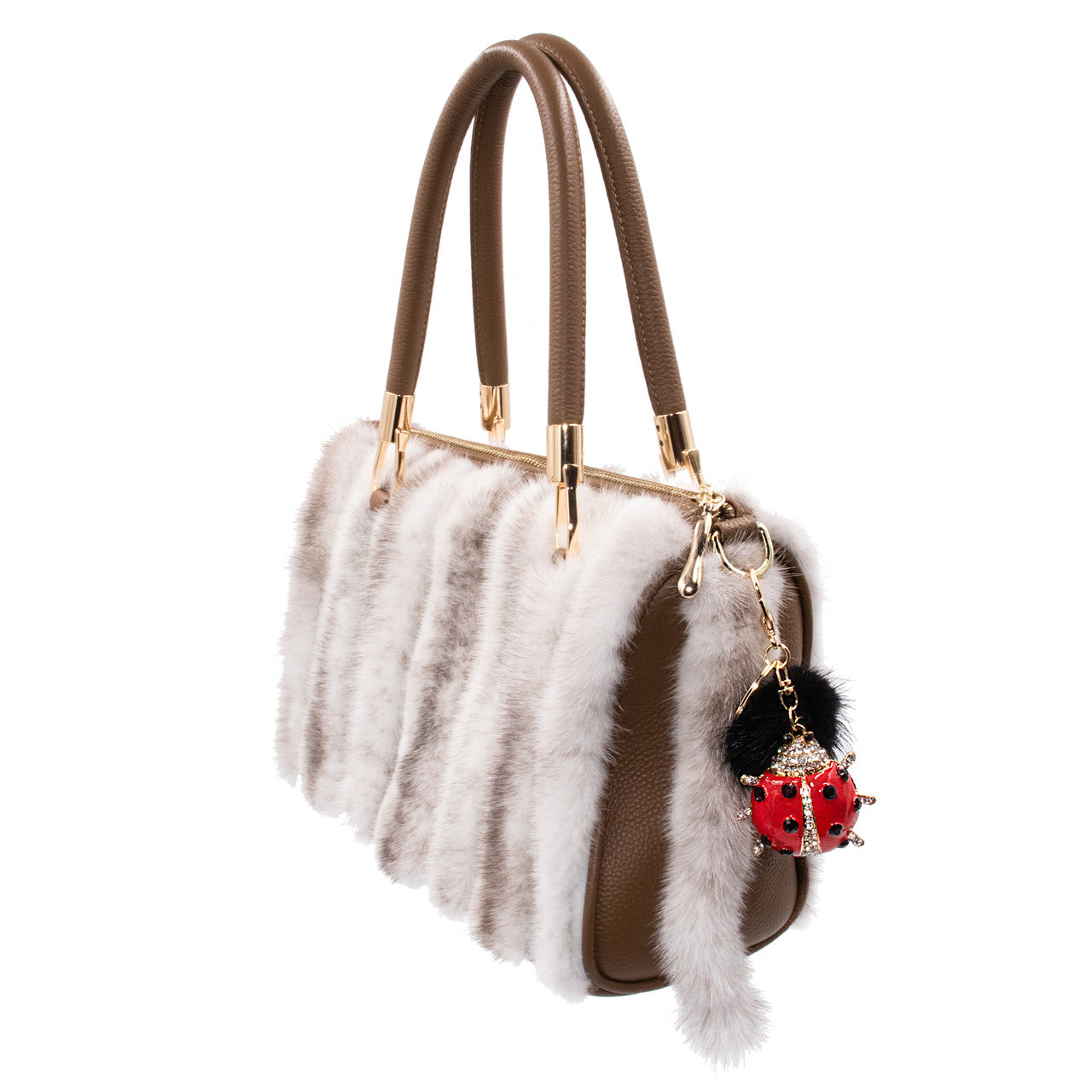 Bling Ladybug Keychain with Black Mink Pom hanging on the end of white mink purse. 