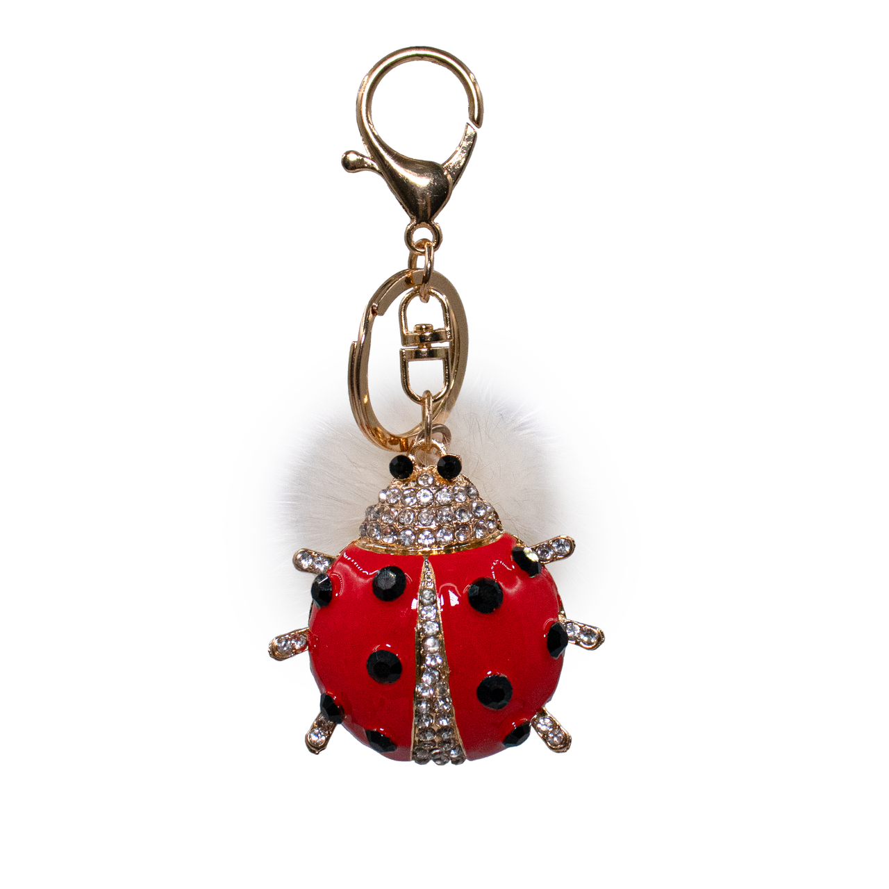 Bling Ladybug Keychain with White Mink Pom. 