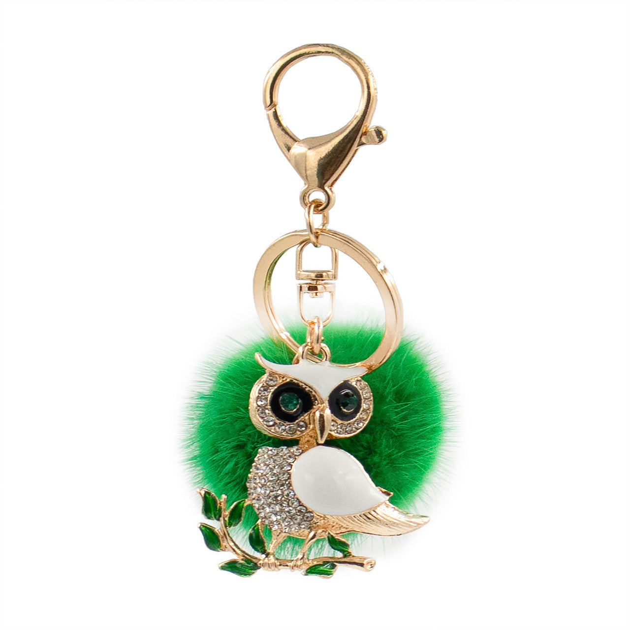 Mink Fur Bling Owl Keychain with Green Pom