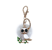 Mink Fur Bling Owl Keychain with Grey Pom