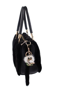 Mink Fur Bling Owl Keychain with Grey Pom