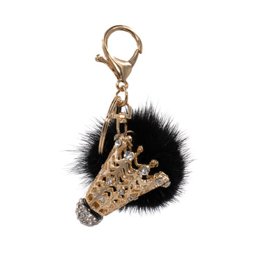 Mink Fur Bling Badminton Birdie Keychain with Black Pom