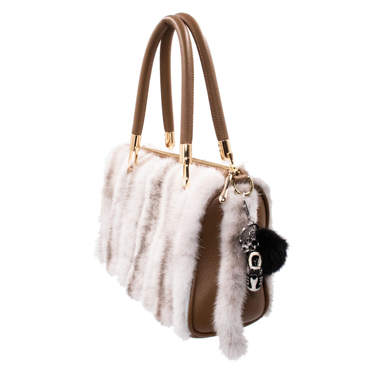 Black Mink Fur Soccer Cleat Keychain on Tan Mink Purse